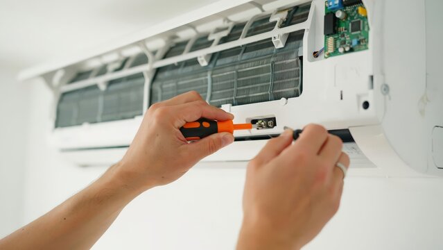 Hvac technician repairing or servicing a wallmounted air conditioner unit