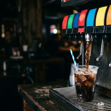 A soda fountain dispenses a dark carbonated drink into a cup with a straw, against a dark, dramatic background that makes the colorful dispensers pop.