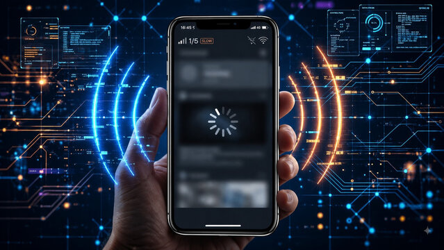Slow Internet Connection on Smartphone with Digital Network Background