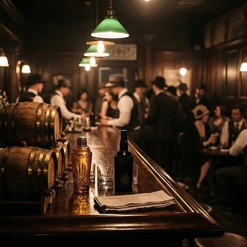 a crowded 1920s-style speakeasy bar, featuring patrons in period clothing, warm lighting, and a wooden counter.