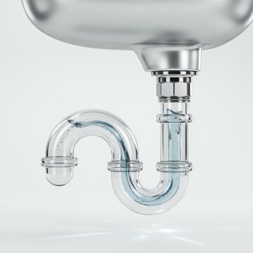 Transparent ptrap pipe under a sink with water inside isolated on white background
