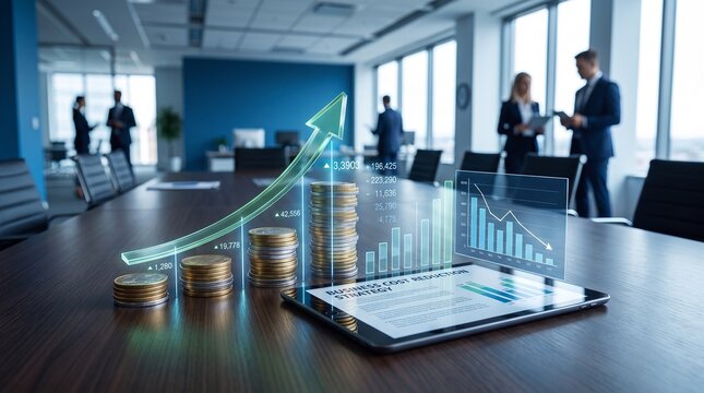 Business professionals in a modern conference room with holographic financial growth projections and data on a tablet, symbolizing strategy and success.