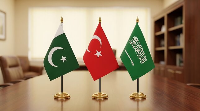 Three mini flags of Pakistan Turkey and Saudi Arabia displayed on golden stands atop a dark wooden table in a professional corporate office boardroom meeting space.