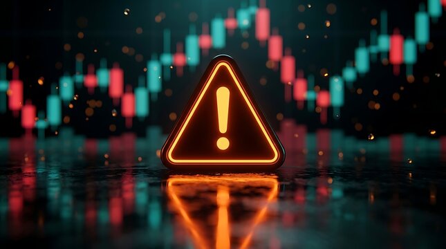 Glowing orange triangle warning sign with exclamation mark on dark background with blurred financial trading chart stock market data and falling particles.