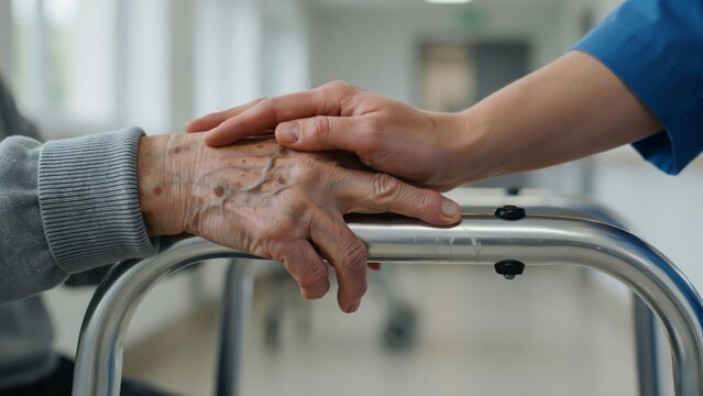 Closeup of a caregivers hand gently holding an elderly persons hand on a walker