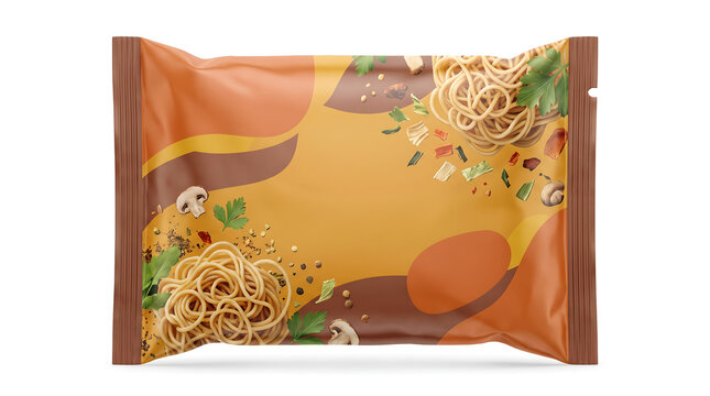 Professional mockup of an instant noodle snack pouch featuring abstract graphics and food illustrations for packaging design, marketing materials, and retail product displays.