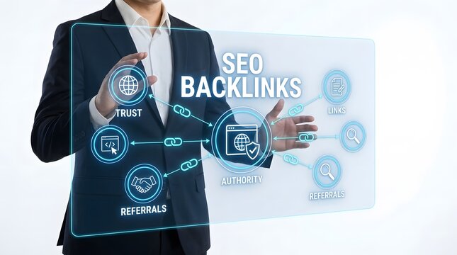 A professional businessman interacting with a digital holographic interface displaying seo backlinks strategy and search engine optimization data for website ranking and growth