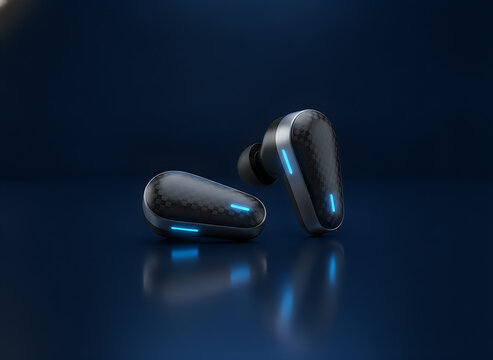 Modern wireless earbuds with glowing blue lights on a dark blue background