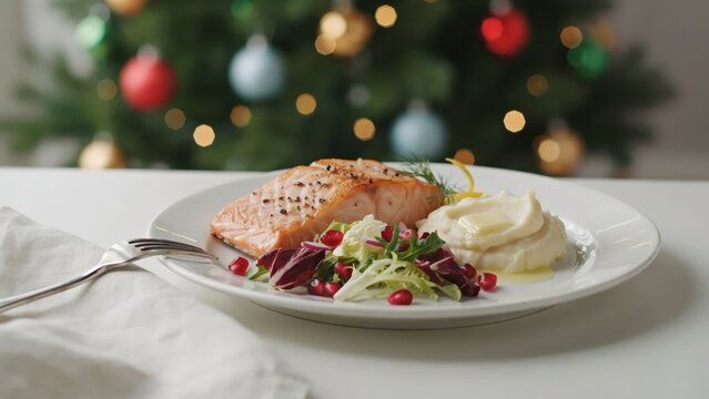Grilled salmon fillet with mashed potatoes and fresh salad on a festive table