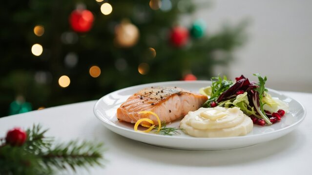 Christmas salmon dinner with mashed potatoes, fresh salad, and festive background