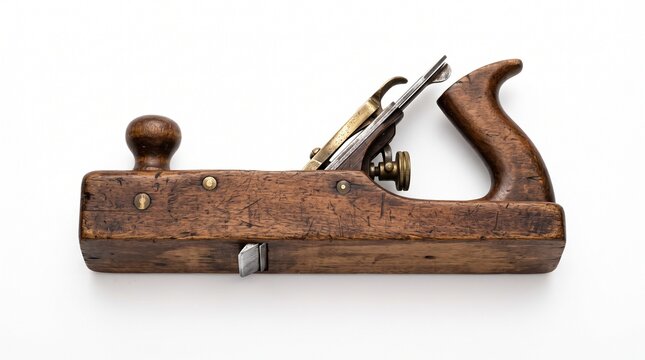 Antique wooden hand plane with brass fittings and adjustable blade for woodworking and carpentry