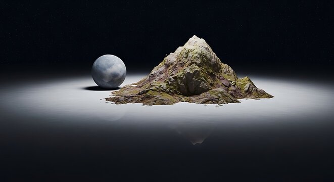 Floating mountain and lunar sphere on a reflective dark surface