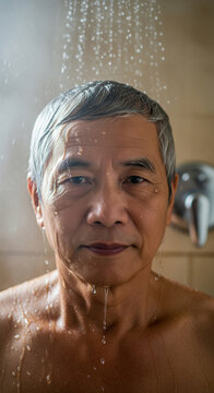 Senior asian man taking cold shower for biohacking recovery and winter wellness with wet skin and water drops on face