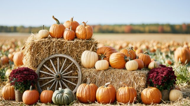 Autumn pumpkin farm display with hay bales, wooden wheel, and colorful chrysanthemums in field