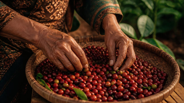 Sumatra Coffee Farmer Selects Ripe Cherries for Quality Harvest