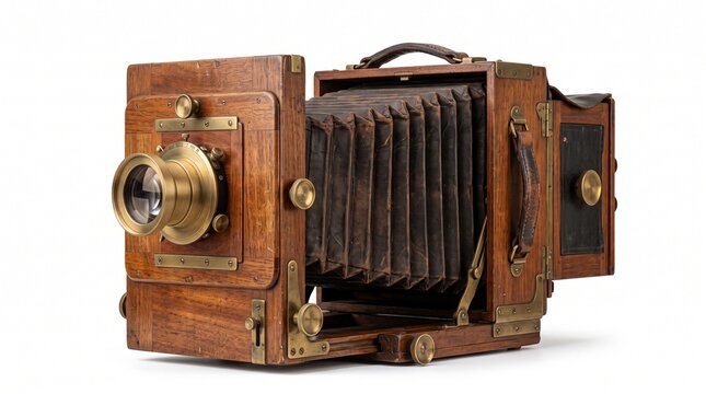 Antique wooden large format camera with bellows and brass lens on a white background