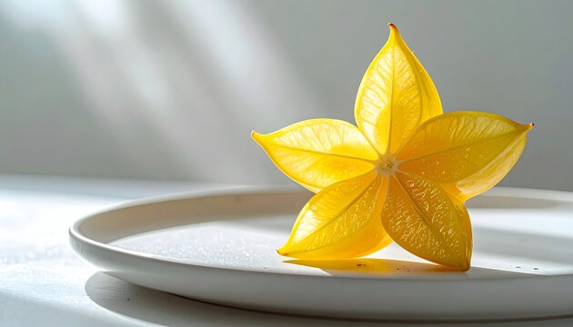 A bright yellow star fruit rests on a white plate, bathed in soft sunlight creating a striking still life