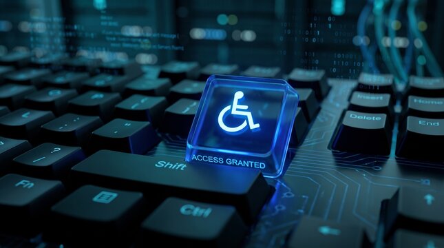 A glowing blue accessibility symbol key on a computer keyboard with 'ACCESS GRANTED' text, representing digital inclusion and technology for people with disabilities.