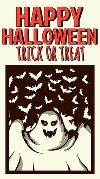 Vertical retro comic Halloween animation loop with white ghost, bat swarm on dark backdrop, bold red text, and cream frame. Ideal for social media stories background.