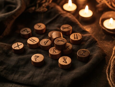 Wooden Rune Stones with Candles on Dark Cloth in Mystical Setting