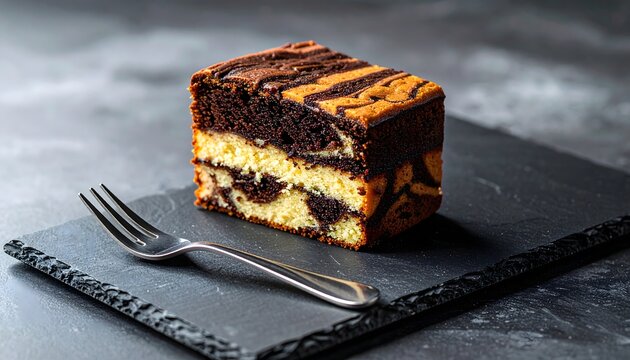 Freshly baked slice of chocolate and vanilla marble cake served on a rustic black slate with a metallic fork