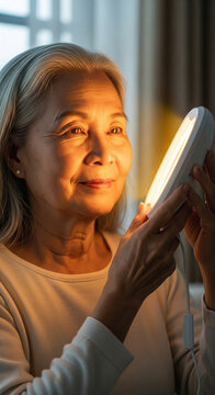 Senior asian woman holding bright light therapy lamp for winter wellness and biohacking circadian rhythm at home