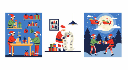 Fototapeta premium Santas Workshop Scenes with Elves Making Toys and Santa Reading List