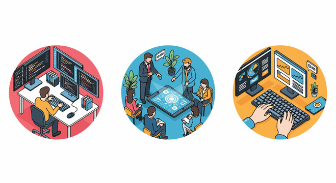 Software Development Lifecycle and IT Team Collaboration Vector