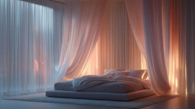 Futuristic bedroom minimalist bed soft curtain warm light cozy ambiance tranquil sleep space