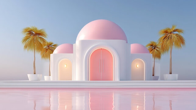 Futuristic pastel dome house, pink modern villa, minimal desert resort, palm tree reflection dreamscape
