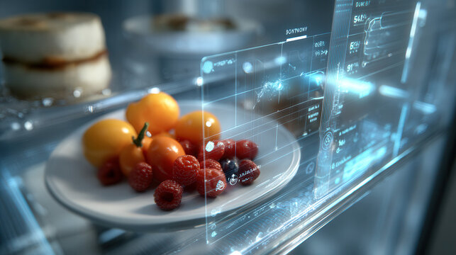 Futuristic smart fridge hologram interface nutrition scan fruit plate