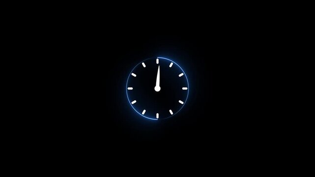 A minimalist glowing blue neon clock face with white hour markers and hands set against a stark black background symbolizing time passing or a digital timer
