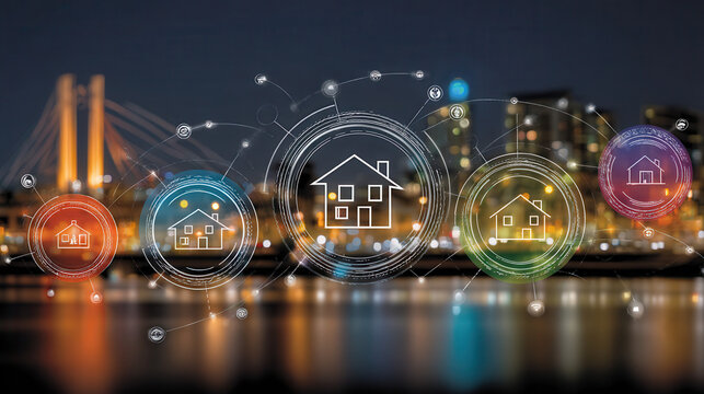 Smart home digital network connected house city skyline night technology concept innovation internet of thing modern smart