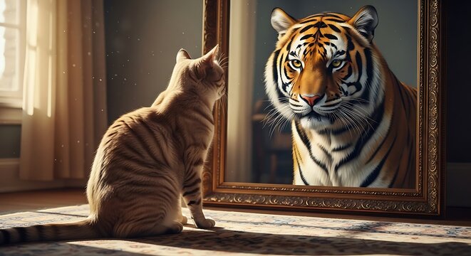 Cat seeing a tiger reflection in a gold frame mirror