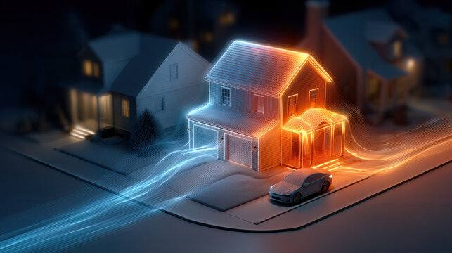 Smart home glowing house energy flow night street futuristic suburb neon light modern car orange blue