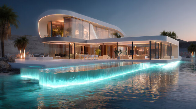 Futuristic modern luxury waterfront villa pool sunset glowing serene futuristic modern luxury waterfront villa pool sunset