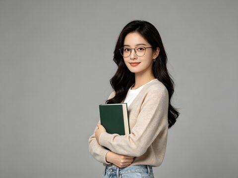 Young asian woman wearing glasses holding a green book