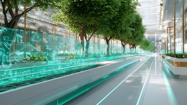 Futuristic indoor garden hydroponic farm smart greenhouse climate control neon light technology tree glass architecture