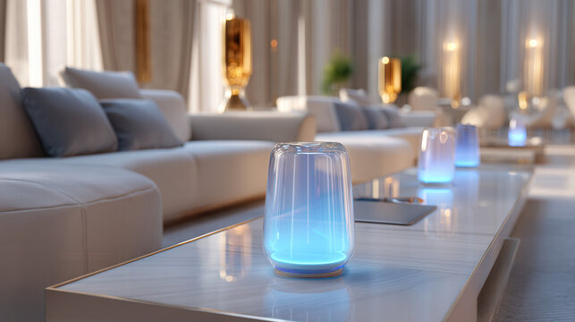 Futuristic living room smart lamp glowing light modern decor luxury interior blue ambient glass table cozy mood futuristic