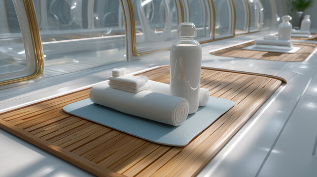 Futuristic wellness zone interior, spa mat, towel, bottle water, sunlight, bamboo floor, relaxing minimal design