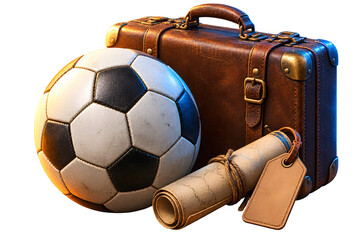 sports football transparent background travel concept with soccer ball vintage suitcase map and luggage tag