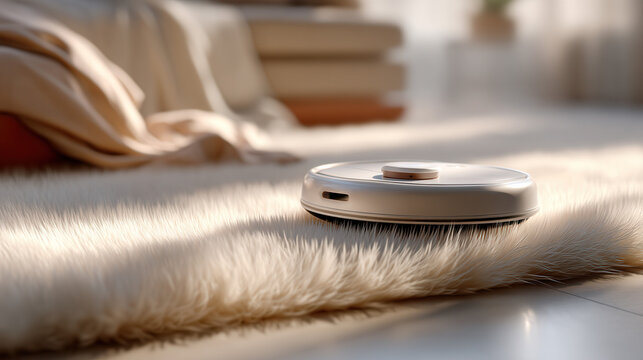 Robot vacuum cleaner smart home fluffy carpet sunlight cozy living room modern interior autonomous cleaning minimalist design