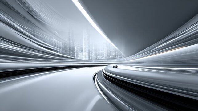 Futuristic urban road with silver lines and light trails on white background, curved perspective, sense of speed, streamlined design, fluid motion, blurred futuristic landscape