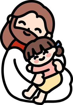 Cute Hand Drawn Jesus Hugging Child Icon, Christian Love and Faith Illustration