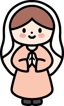 Cute Hand Drawn Praying Mary Icon, Christian Christmas Nativity Illustration