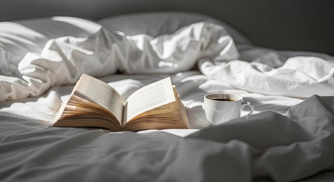 Relaxing morning setup with book and coffee on bed.