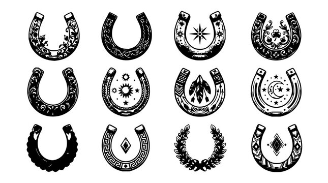 Twelve horseshoes set in 3x4 grid arrangement featuring iron horseshoes with rustic texture and metallic sheen and symmetrical layout