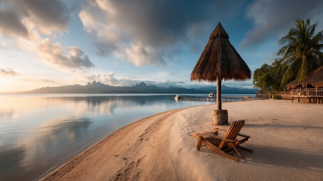 Tropical beach scene with umbrella, chair, calm water, palm trees, and huts at sunrise