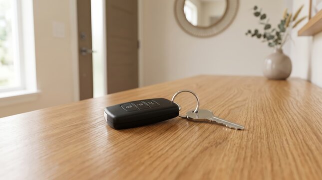 Car Key Fob and House Key Resting on a Modern Wooden Entryway Table