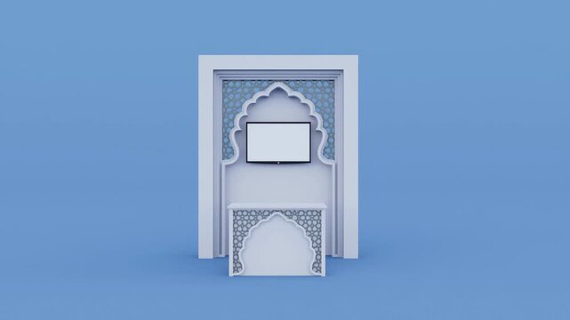 3D stand booth backdrop with Islamic geometric ornaments and blank LED TV display screen, featuring a smooth forward camera zoom. Luxury design for events exhibition.